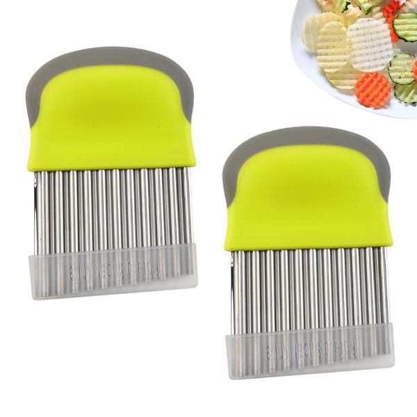 2 Pack Crinkle Cutter, Stainless Steel Potato Chipper Crinkle Chip Cutter, French Fries Wavy Blade Vegetable Cutter and Fruit Slicer (Green)