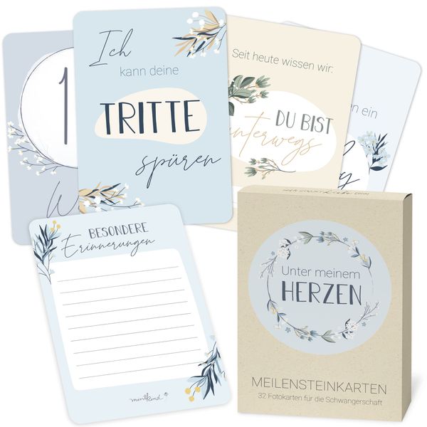Mintkind ® Milestone Cards Pregnancy Wonderful Gift Ideas for Expecting Mothers, Announcing Pregnancy, 32 Milestone Cards in a Set for Magical Baby Belly Photos (Flowers Blue)