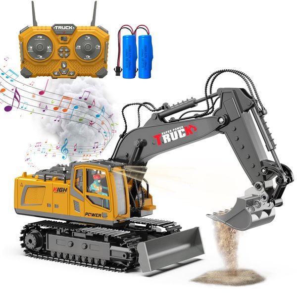 Remote Control Excavator Toys for Boy: 17-CH Construction Toys with 2 Batteria Metal Shovel/Light/Spay/Sound Bithday for Boys 5-7 8 9 10 11 12 Year Old, 2.4Ghz