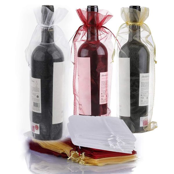 30pcs Wine Bags Organza, 37 * 14 cm, Wine Bottle Gift Bag with Drawstring for Wine Champagne Wedding Birthday Christmas Party Festival Gift Favors Decor (Red+Gold+White, 750ML)