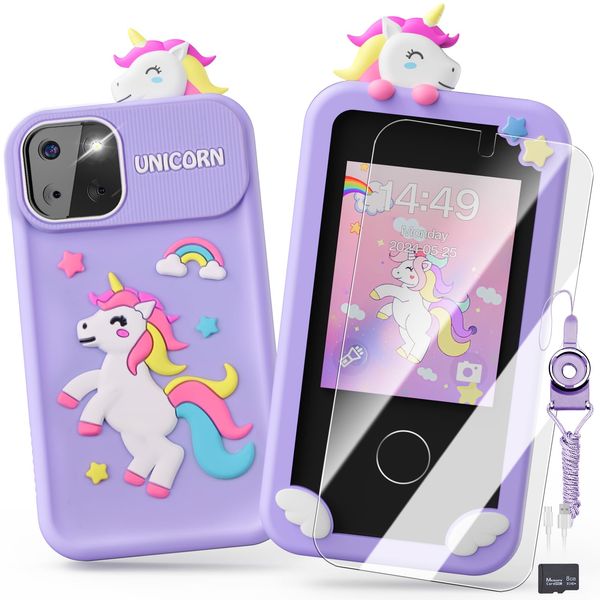 Kids Smart Phone Toys for Girls,Unicorn Gift Toys for Girls Ages 3-9 Christmas Birthday Gifts Mini Smart Phone Toys with 2.8" Touchscreen 16 Learning Games Dual Camera Music Player, 8G SD Card Purple