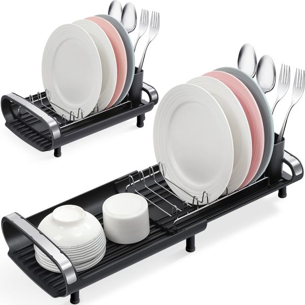 KINGRACK Compact Dish Drainer,Expandable Rack,Stainless Steel Drying Rack With Removable Cutlery Holder,Non-Slip Feet,Anti Rust Plate Rack,Small Sink Drainer For Kitchen Countertop,Black (WK810585-8)