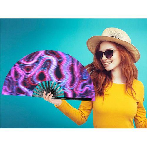 Zolee Large Rave Folding Hand Fan with Bamboo Ribs for Men/Women - Chinese Japanese Handheld Fan with Fabric Case - for Dance Music Festival Party, Performance, Decorations, Gift (Psychedelic)
