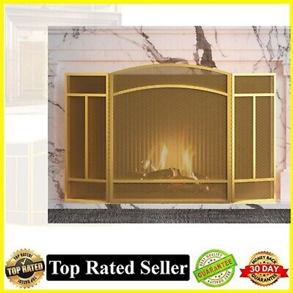 3 Panel Wrought Iron 48x29" Spark Guard Cover Golden Dusting Fireplace Screen