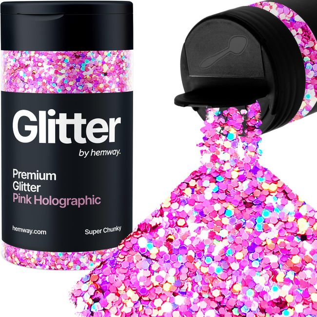 Hemway Pink Holographic Glitter Super Chunky 115g/4.1oz Powder Metallic Resin Craft Glitter Flake Sequins for Epoxy Tumblers, Hair Face Body Eye Nail Art Festival, DIY Party Decorations Paint