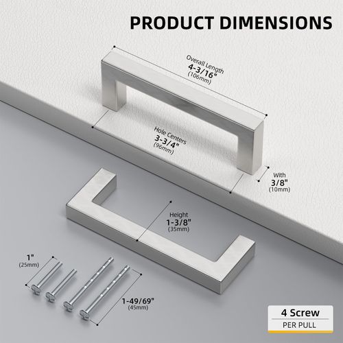 goldenwarm 10 Pack 3-3/4 Inch Brushed Nickel Cabinet Pulls Square Drawer Handles Silver Kitchen Hardware Cupboard Dresser