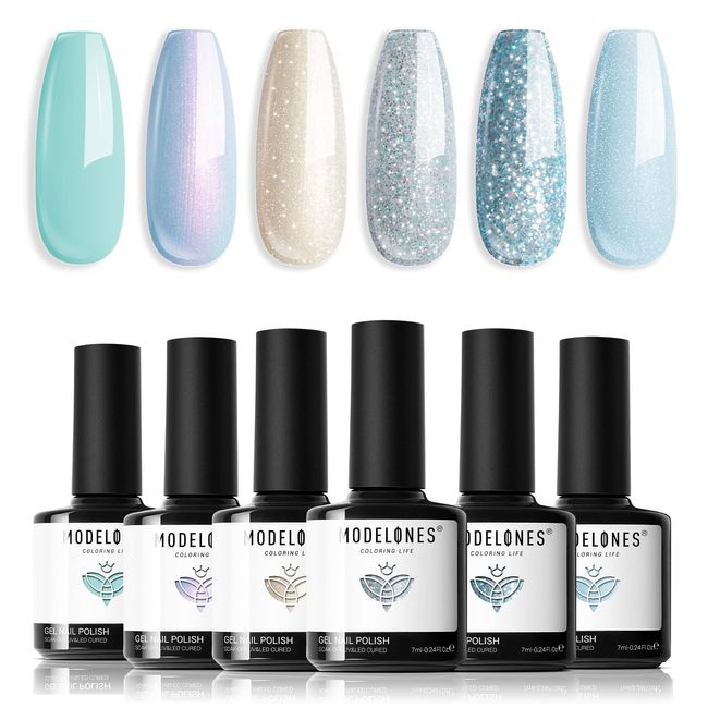 Modelones Gel Nail Polishes Summer, 6 Colour Gel Polish Green Blue Shellac Gel Nail Polish Set Mint Green UV Nail Gel Polish Baby Blue UV Gel Polish Summer Gel Polish DIY Salon at Home