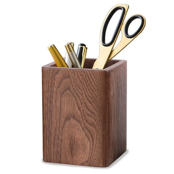 Kaizuca Wooden Pencil Holder, Stationery Organizer, Square Pen Cup Holder, Black Walnut Wood, Handwork, Desk Decoration, for Stationery, Make up Brushes, Desks, Offices (Brown)