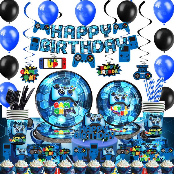 Mpanwen Blue Video Game Party Supplies - 212Pcs Gamer Gaming Party Decoration For Boys Birthday Party - Table Cover, Plates, Cups, Napkins, Utensils, Hanging Swirls, Banner, Balloons Serves 16 Guests