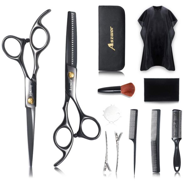 Aszwor 12 PCS Hair Cutting Scissors Kits, Professional Hairdressing Scissors Set, Thinning Scissors, Comb, Cape, Clips,for Barber Shop, Salon Household, Men, Women, Kids, Pets, Adult Scissors Set