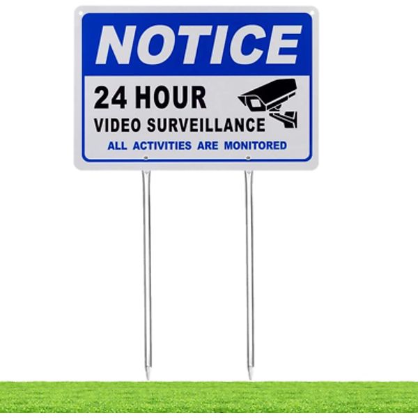 24 Hour Video Surveillance Sign with Metal Stakes, Aluminum Yard Sign, 11.8" ...