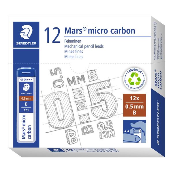 STAEDTLER 250 05-B Mars Micro Refill Leads for Mechanical Pencils - B, 0.5mm (Box of 12 x Tubes of 12 Leads)