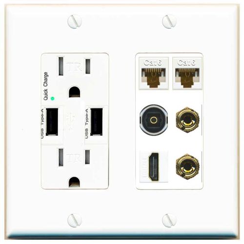 RiteAV 1 Speaker 2 Banana Binding Post Wall Plate 2 Cat6 1 x Toslink Optical and HDMI - USB Outlet [White]