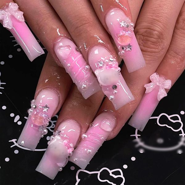 IMSOHOT Coffin Press on Nails Long Pink Fake Nails Cute Pearl Bow Acrylic False Nail with Designs Full Cover Glossy Gel Reusable Glue on Nails Y2K Ballerina Nails for Women and Girls 24PCS