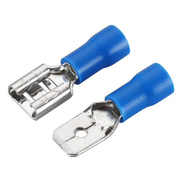 Baomain 1/4" Male & Female Quick disconnects Vinyl Insulated Spade Wire Connector Electrical Crimp Terminal 16-14 AWG 6.3mm Blue Pack of 100