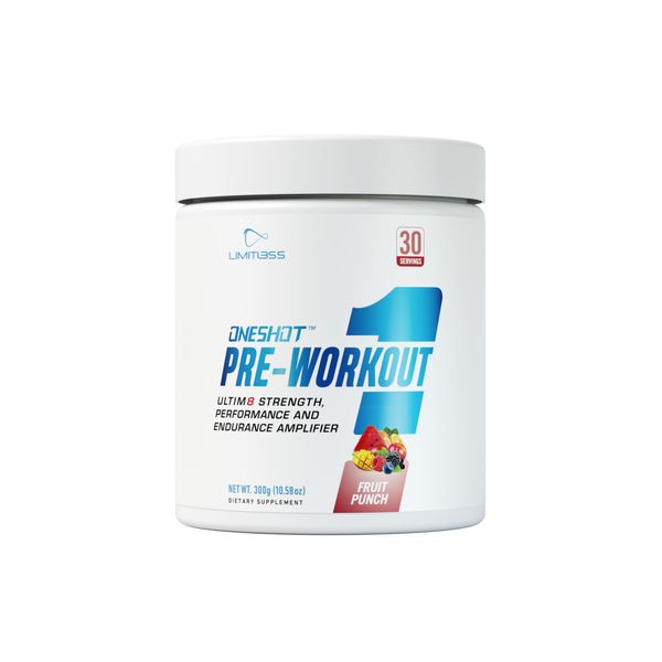 ONESHOT Pre Workout Powder - With BCAAS Amino Acids, Beta-Alanine, Citrulline Malate, L-Theanine, L-Tyrosine, Alpha-GPC, MCT -Oil, 200mg Caffeine - Fruit Punch Flavor For Energy & Focus - 30 Servings