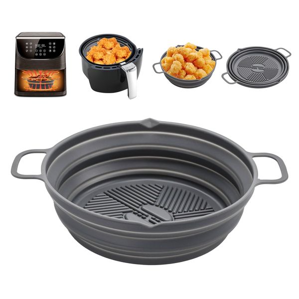 Alyvisun Silikonform für Heißluftfritteuse Airfryer Zubehör Silikonmatte Wiederverwendbar Silikon Backform Accessories Pot Liner für Air Fryer, Mikrowelle, Ofen, Silicone, Grau