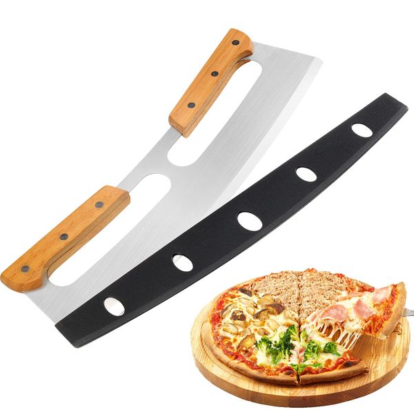 ZOCY Pizza Cutter Rocker with Wooden Handles & Protective Cover, 14" Sharp Stainless Steel Pizza Slicer Wheel, Big Pizza Knife Cutters for Kitchen Tool (14inch)