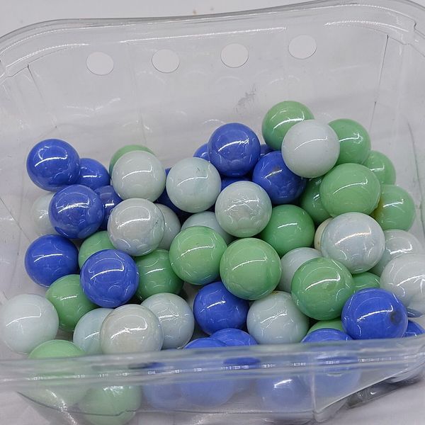 58 Vintage Plain Coloured Glass Marbles Blue Green White