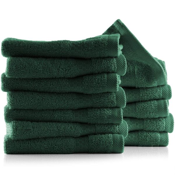 Hearth & Harbor Washcloths 12 Pack - 100% Cotton Washcloth for Body and face, High Absorbent and Soft 13"x13" Body Wash Cloth, Quick Dry - Hunter Green Washcloths