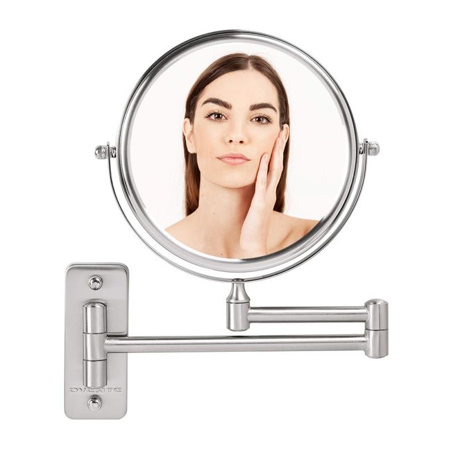 Ovente 7" Wall Mount Makeup Mirror, 1X & 7X Magnifier, Adjustable Spinning Double Sided Round Reflection, Extend, Retractable & Folding Arm, Bathroom & Vanity Décor, Nickel Brushed MNLFW70BR1X7X