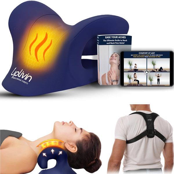 Neck Stretcher with Heat Therapy - Traction Device for Cervical, Neck & Shoulder Pain Relief - Posture Corrector Plus Bonus Ebook & Video Guide