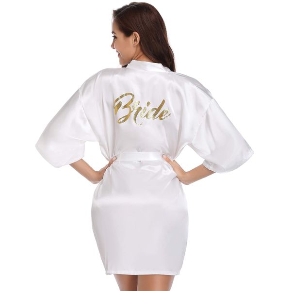 Vlazom Bride Robes Women's Kimono Robe Satin Bridesmaid Party Robes, Bridal Morning Robes with Gold Glitter A-Bride-White,XL(UK 18-20)