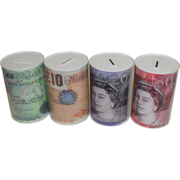 MONEY BOX ® Sterling Money Box Tin, Piggy Bank Savings Money Tin, Multi-colour, 15 x 10 x 10 cm Single Unit.