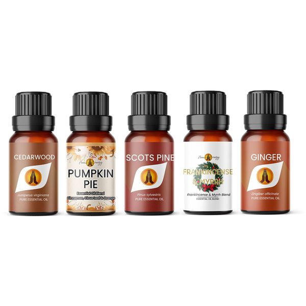 Autumn Essential Oil Set | Ginger, Frankincense & Myrrh, Pumpkin Pie, Cedarwood & Scots Pine 5 x 10ml | for Diffusers for Home, Aromatherapy, Gift for Him/Her, Candle Making, Soaps, Wax Melts etc