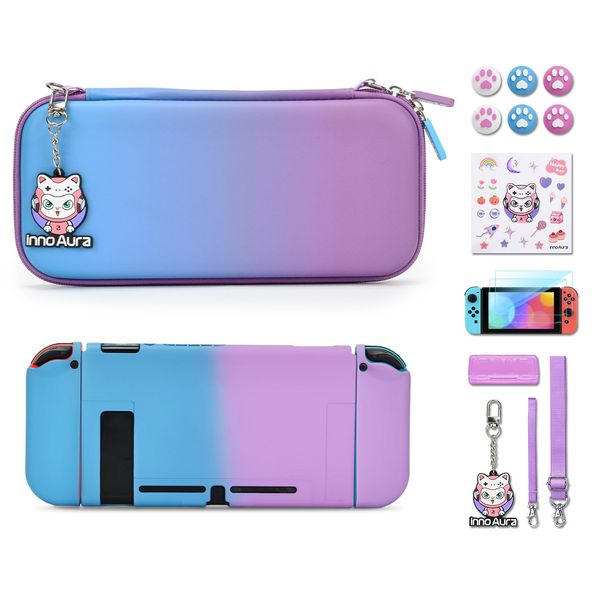 Carrying Case for Switch, innoAura Switch Case Storage Accessories Set with Switch Portable Case Blue Purple, Switch Protective Case, Switch Shell & Game Case, Screen Protector(Blue-Purple Gradient)