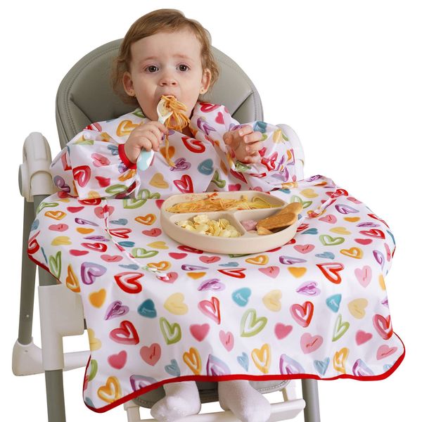 Vicloon Baby & Toddler Feeding Coverall Bibs, Coverall Baby Feeding Bibs, Baby Bibs with Sleeves, Weaning Bib with Anti-drop Rope, Adjustable High Chair Catch Bibs for Babies 6 Months + (Love)