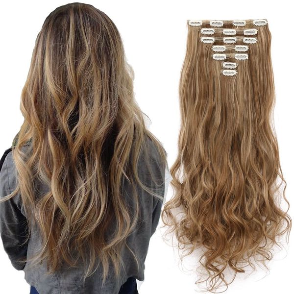 LELINTA 7Pcs 16 Clips 24 Inch Wavy Curly Full Head Clip in on Double Weft Hair Extensions Ash Blonde Mix Ginger Brown