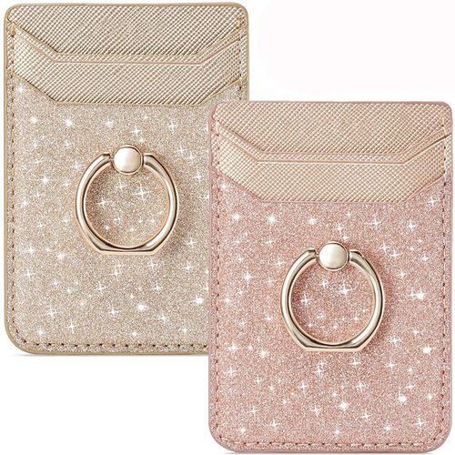 BIAJIYA Phone Card Holder RFID Leather Wallet Credit Adhesive Cell Case Stick-on Card Holder for Women and Men Back of Phone for Most of Smartphones
