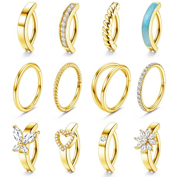 LOLIAS 14G Surgical Steel Clicker Belly Button Rings Set for Women Unique Cubic Zirconia Hoop Belly Button Rings Clicker Reverse Navel Rings Summer Body Jewelry,Gold Plated