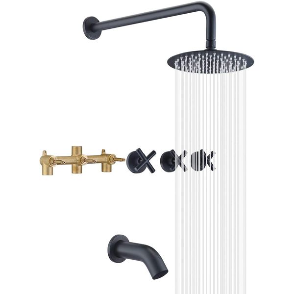 3 Handle Tub Shower Faucet,Matte Black Bathtub Faucet Set with Waterfall Tub Spout,Tub and Shower Trim Kit with Valve,SUMERAIN