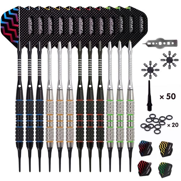 Darts Plastic Tip - Professional Soft Tip Darts Set for Electronic Dartboard 12 Pcs 18 Grams with 50 Extra Tips 24 Flights 2 Flight Protctors and Tool Kit Gift Darts (New)