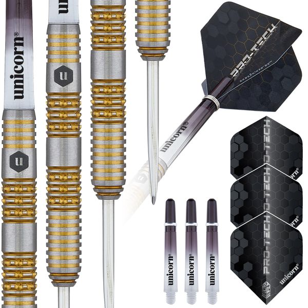 Unicorn Darts Set | Pro-Tech Style 6 | 90% Natural Tungsten Barrels with Intricately Machined Golden Accents | Steel Tip Volute Points | 23 g