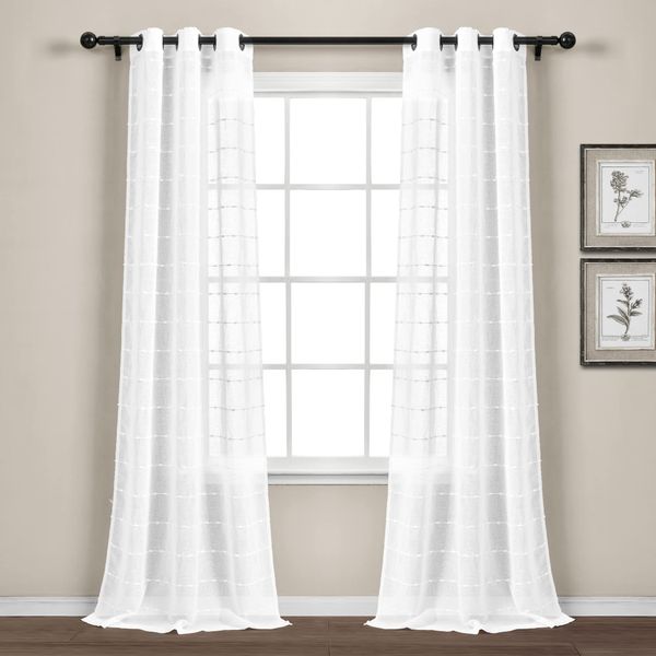 Lush Decor Farmhouse Textured Grommet Sheer Window Curtain Panel Pair, 38"W x 84"L, Bleach White