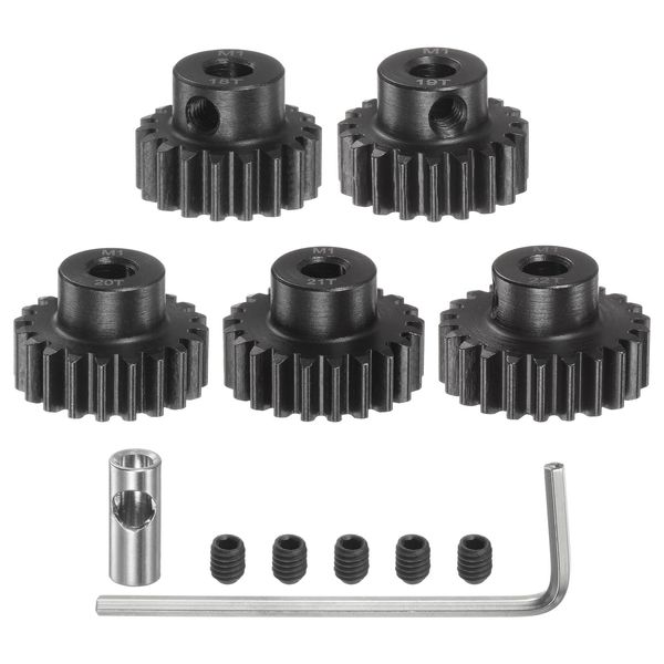 uxcell M1 Mod1 Pinion Gear Set 5mm Shaft 18T 19T 20T 21T 22T Motor Gear Hardening Steel Pinion Gear with 3.17mm Coupler for RC Car (Set of 5)