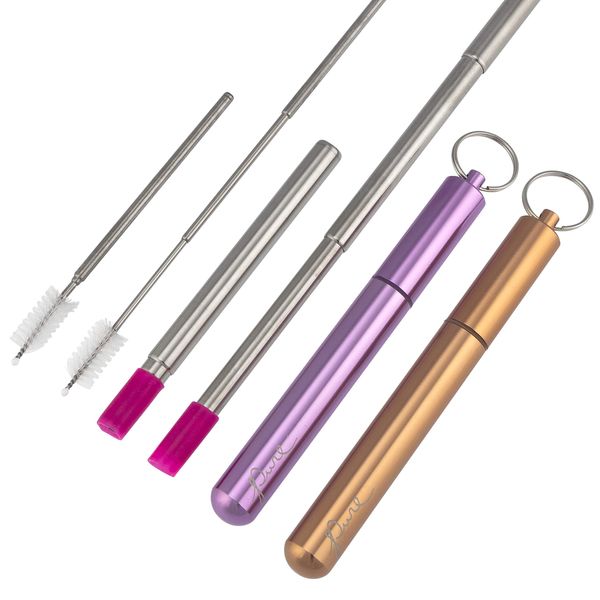 Reusable Drinking Straw - Portable Collapsible & Foldable Telescopic Stainless Steel Metal Design - Light Aluminum Case - Long Cleaning Brush - Silicone Tip - Carabiner Keychain - Pack of 2