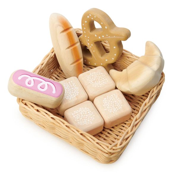 Tender Leaf Toys - Bread Basket - 8 Pcs Wooden Pastries Pretend Food Play Supermarket Shopping Game, with Hand-Crafted Wicker Basket, Play Kitchen Accessories - Age 3+