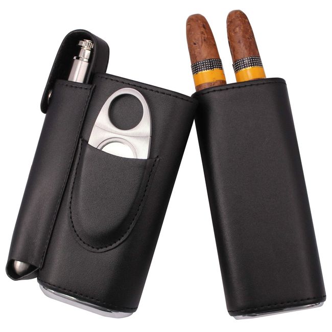 AMANCY Luxury 2 Holder Brown Leather Portable Cigar Case Gift Set,Contained  2 Oz Stainless Steel Flask with Lighter and Cutter