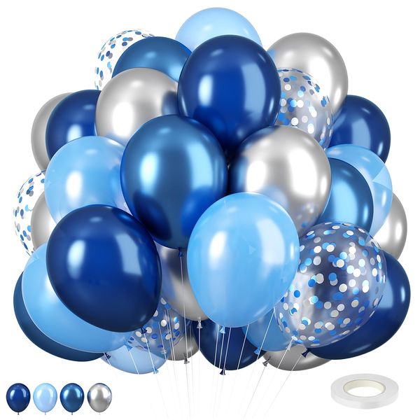 Blue and Silver Balloons, 12inch Navy Blue Silver Pearl Blue Balloons with Metallic Confetti Silver Blue Helium Balloons, Dark Blue Silver Balloons for Boy Birthday Baby Showers Decorations