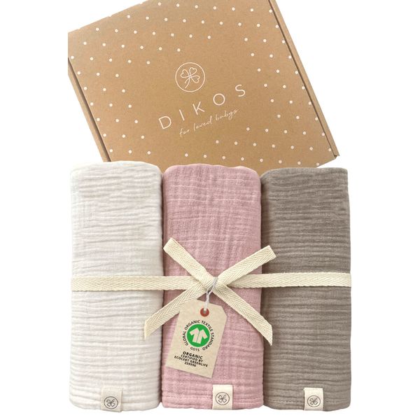 DIKOS Baby Muslin Cloths Set of 3 Dusky Pink, Cream Crepe 64 x 64 cm 100% GOTS Organic Cotton Muslin Cloth Burp Cloth Boy Girl Muslin Nappies Newborn First Equipment Gift for Birth