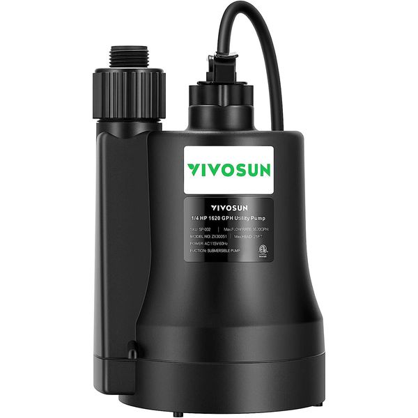 VIVOSUN 1620GP 1/4HP HSubmersible Water Pump Thermoplastic Sump Pump w/10ft Cord