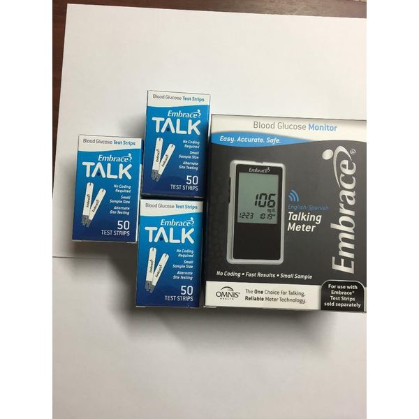 Embrace Blood Glucose 150 Test Strips And TALKING METER NO CODING Exp: 05/09/202