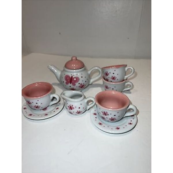 Schylling 8 Piece Pink Butterfly Mini Tea Set with Cups Teapot Saucers Creamer