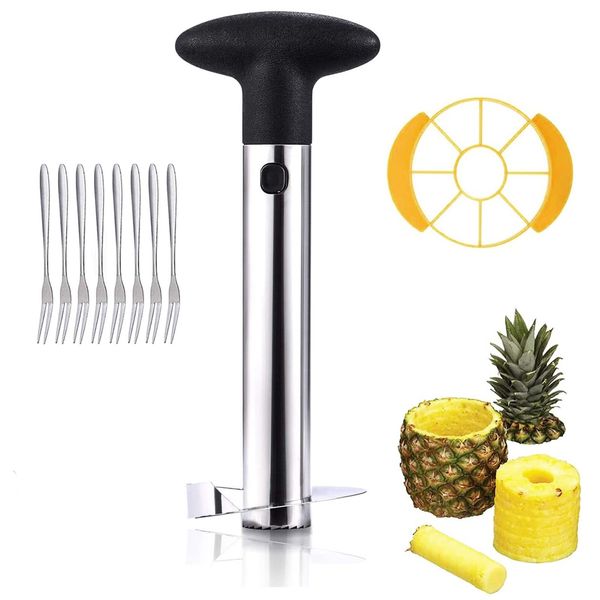 Pineapple Slicer, Black, Stainless Steel Pineapple Slicer Set, with Corer and 4 Fruit Forks, Used to Cut Pineapple Core, Pineapple Peel and Pineapple Slices