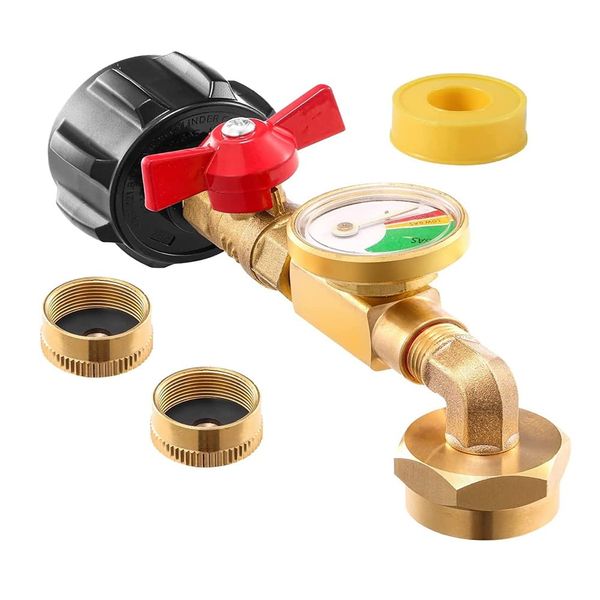 Hopbucan Brass Propane Tank Adapter with Propane Tank Gauge, 90 Degrees Refill Pressure Adapter with ON-Off Control Valve