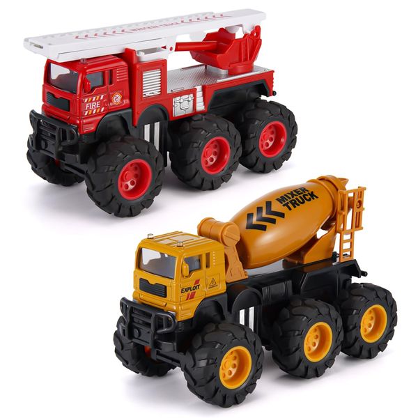 Crelloci 2 PCS Die-Cast Truck Toys Set, Friction Powered Fire Truck and Cement Mixer Truck with Extending Ladder and Rotatable Blender, Fire Engine Construction Truck Toys for Kids 3 4 5 6 Years Old